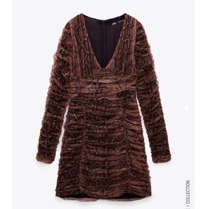 ZARA NEW DRAPED TULLE BROWN DRESS SNAKE SIZE M